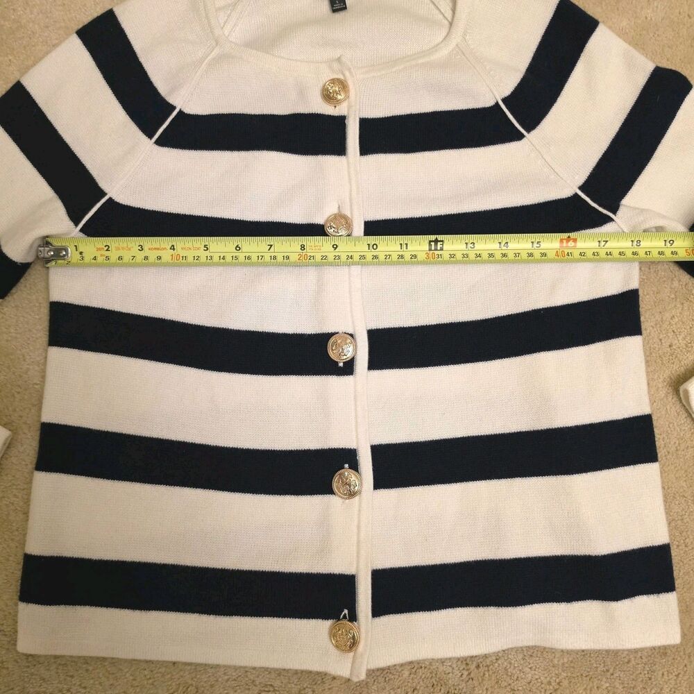 Talbots Cardigan Navy White Stripe Sweater Gold Crest Button, Womens Size Small - Picture 2 of 8